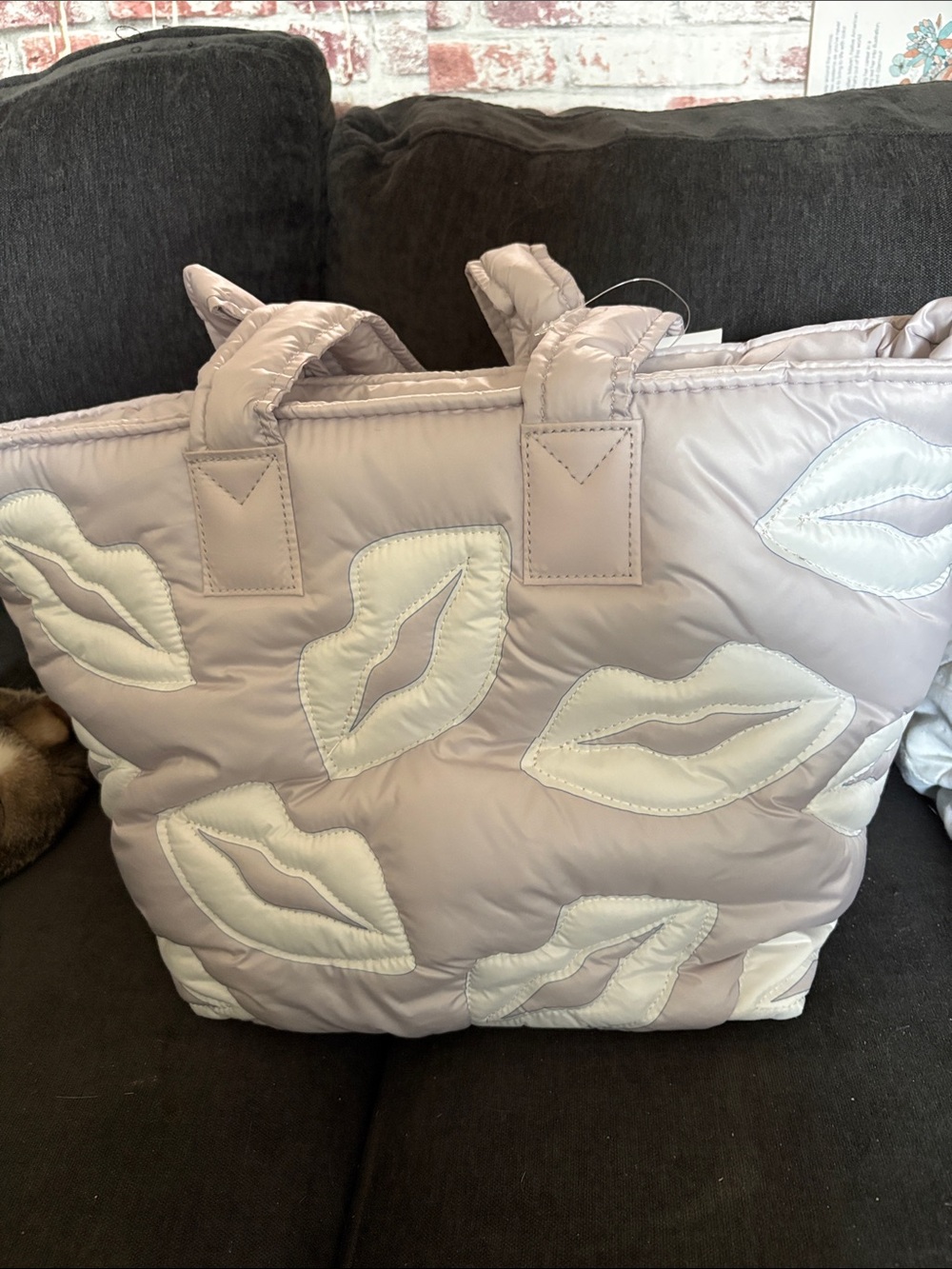 Wildfox Quilted Lip Appliqué Tote - Pale Pink and White